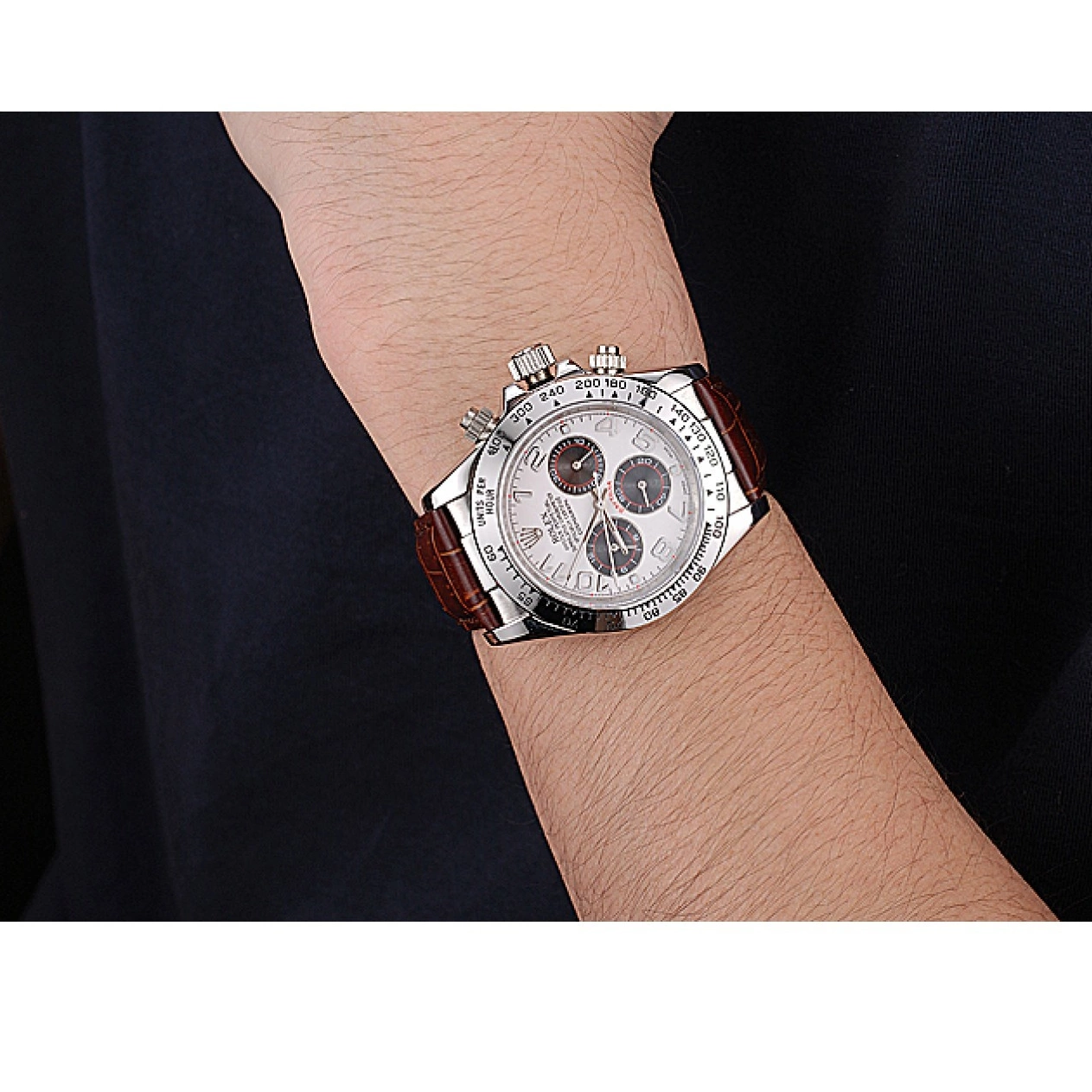 Aaa fake watches Stainless Steel Daytona Brown Dial Leather Rolex Case White Strap 0520